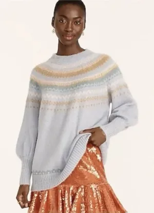 J Crew Fair Isle Yoke Puff Sleeve‎ Sweater Blue Alpaca Wool Womens Medium thumbnail 1