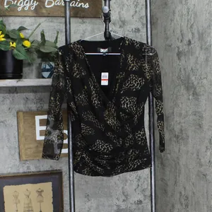 NWT DKNY 3/4-Sleeve Printed Mesh V-Neck Top P33HVRIS XS Black Pecan Brown thumbnail 2