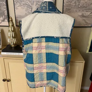 FREE PEOPLE Vera Plaid Patch‎ Sherpa Vest Oversized Boho Size Small thumbnail 6