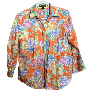 Lauren Ralph Lauren Top Womens Large Multicolor Floral Bright Button Up Blouse thumbnail 1