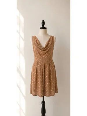 Promod Polka Dot A-Line Dress US 2 UK 6 Beige Pink Cowl Neck Sleeveless thumbnail 2