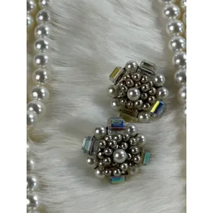 Vintage Japan Faux Pearl Double‎ Strand Necklace and AB Crystal Clip On Earrings thumbnail 6