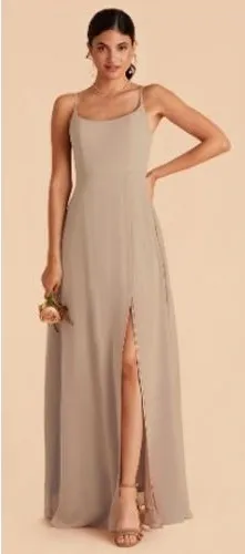 Birdy Grey Amy Chiffon Bridesmaid Dress Almond Taupe Slit Spaghetti Medium‎ thumbnail 1