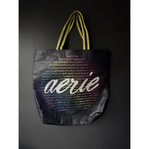 Aerie Large Reusable Tote Bag with Yellow Handles thumbnail 2