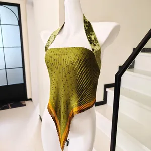 Olive Green Pleated Halter Top Floral Pattern Velvet  thumbnail 3