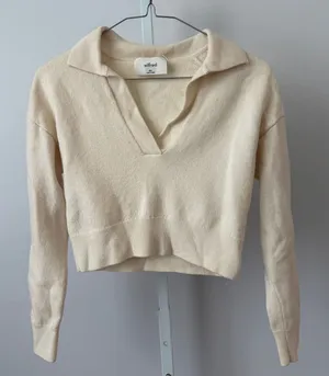 Wilfred Aritzia sz‎ XXS 100% Merino Wool Cropped Polo Sweater Cream Preppy thumbnail 1