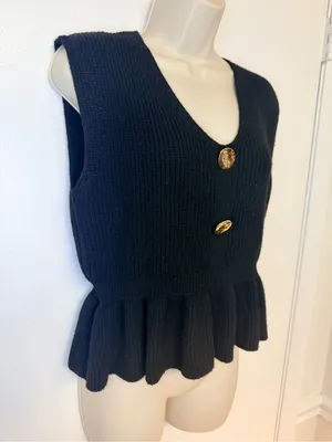 Commence Black Ribbed Knit Peplum Vest Top Size M Gold Buttons Sleeveless thumbnail 4