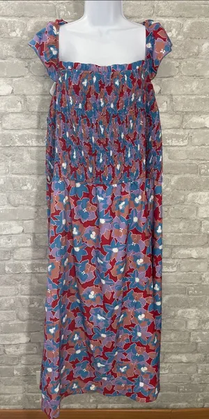 BloomChic Smocked Floral Maxi Dress in Red, Blue & Pink thumbnail 1