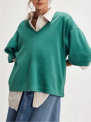 NEW! We the Free People TELL ME WHY TEE Green V-Neck Relaxed Boxy Pullover M thumbnail 4