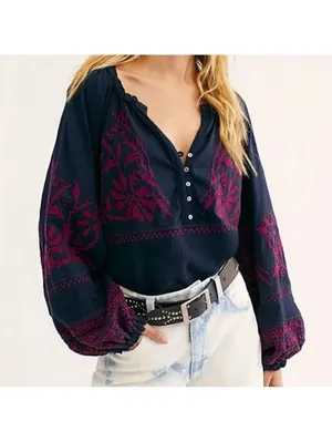 Free People Persuasion Embroidered Boho Chic 100% Cotton Floral Blouse -medium thumbnail 4