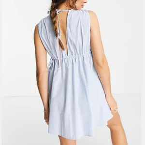 New ASOS Seersucker Plunge V-Neck Tie Waist Mini Sundress Blue White Size 4 thumbnail 6