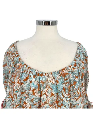 By Anthropologie Boho Peasant Floral Shirred Blouse Brown Blue Size Large thumbnail 2