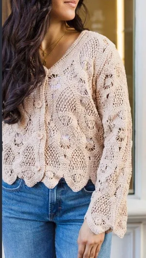 POL One Size Crochet Knit Cardigan Beige Button Front Boho Long Sleeve Cotton thumbnail 1