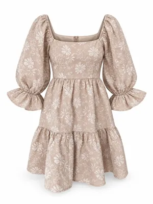 Shop the Mint Tan White Floral Embroidered Puff Sleeve Mini Dress Large thumbnail 2