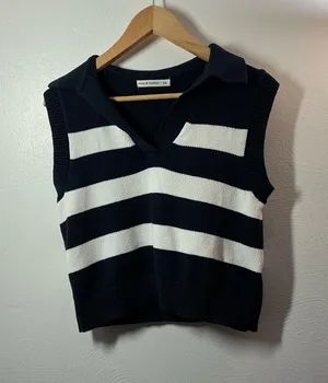 Moon & Madison Navy & White Striped Collared V‑Neck Knit Sleeveless Sweater thumbnail 1