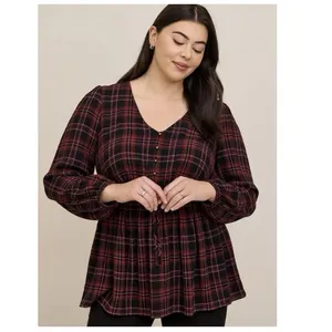 Torrid Plaid Babydoll Flannel Crinkle Gauze‎ Smocked Tie Waist Top Size 1X thumbnail 2