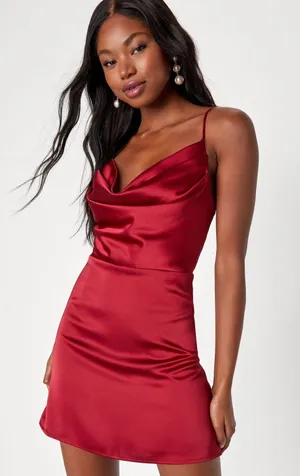 NWT Lulus Luxe Reputation Wine Red Satin Sleeveless Cowl Neck Mini Dress Party M thumbnail 1