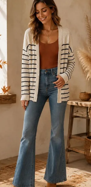 Charlotte Russe Cream Striped Open-Front Cardigan thumbnail 1