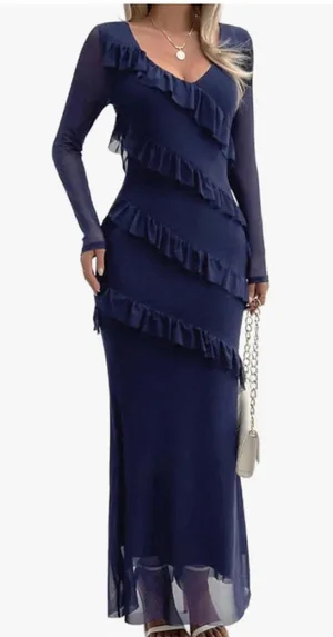 NEW Long Sleeve Mesh Bodycon Dress Wedding Guest Cocktail Maxi XL thumbnail 1