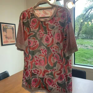 Abstract Painterly Floral Top Mixed Media Dotted Sleeve Maximalist XL Teacher thumbnail 5