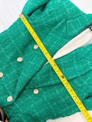 ZARA Green Bouclé Tweed Double Breasted Blazer Gold Button Quiet Luxury Preppy M thumbnail 7