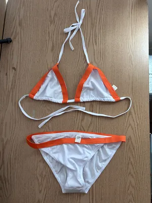 B45 New Women’s AMI Sexy 2Pc White Orange String Bikini Low Rise Medium/Large thumbnail 1