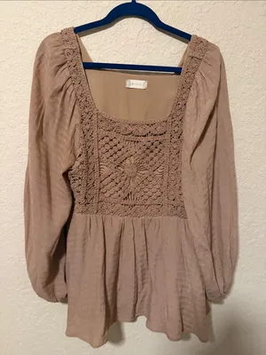Altar'd State Mauve-Taupe Crochet Square-Neck Peasant Top thumbnail 2