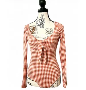 Storia Red White Gingham Check Long Sleeve Bodysuit Front Tie Keyhole Bow Small thumbnail 4