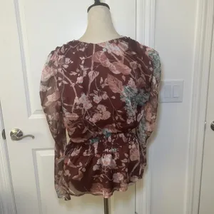 On Twelfth Brown Floral Smocked Peplum Top Long Sleeve V-Neck Large cottage boho thumbnail 4