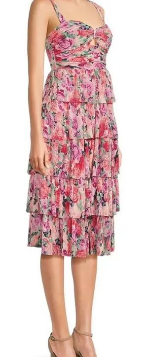 Honey and Rosie Pink Floral Tiered Midi Dress thumbnail 1