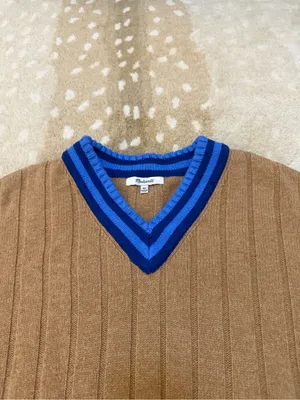 Madewell Tipped V-Neck Oversized Wool Blend Sweater XS Heather Caramel Blue thumbnail 8