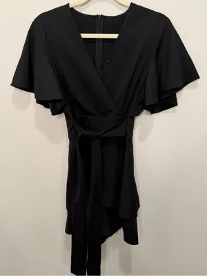 Relipop Black Ruffle Romper V Neck Flutter Sleeve Tie‎ Waist Size Small thumbnail 2
