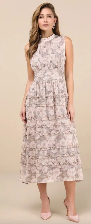 Lulus Happily Sweet Beige Floral Mock Neck Backless Midi Dress Cocktail S NWT thumbnail 1