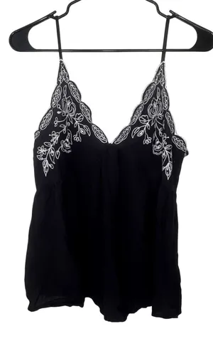 Love On A Hanger Black Floral Babydoll Cami Womens Large Embroidered Smocked Top thumbnail 1