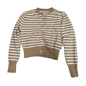 CIDER Striped Button Cardigan Sweater Women Size L Brown White Acrylic Blend‎ thumbnail 1