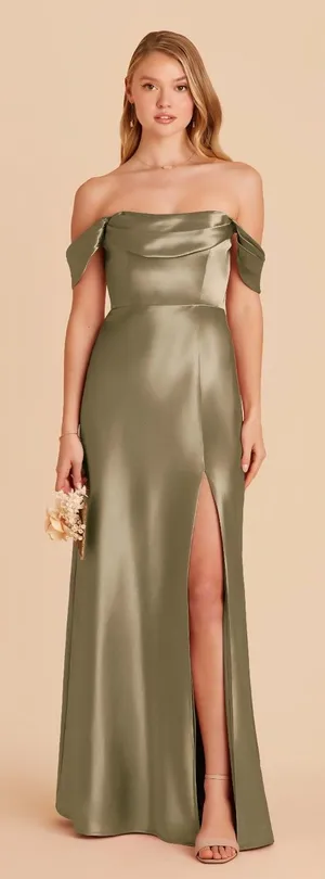 Birdy Grey Mia Moss Green Satin Off-Shoulder Evening Dress with Slit (L) thumbnail 1
