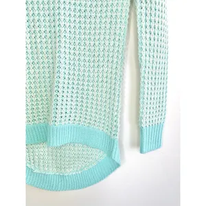 POOF! Womens Size S Open Knit V-Neck Sweater Aqua Blue White Hi-Low Boho Coastal thumbnail 6