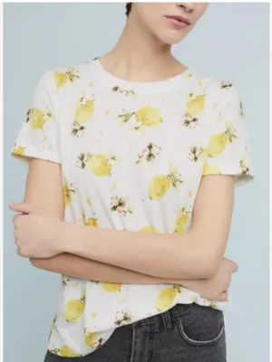 Meadow Rue Anthropologie Women’s Size Medium Crewneck T-Shirt White Lemon Print thumbnail 1
