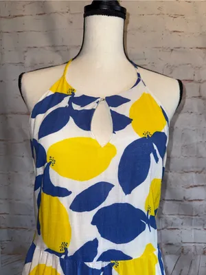 LOFT 10 Lemon Midi Dress Yellow Blue back zipper keyhole ruffles linen blend thumbnail 5