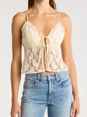 Free People Cream Lace Tie-Front Camisole thumbnail 1