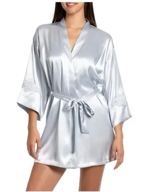 In Bloom by Jonquil Reine Lace Trim Satin Robe Silver Gray Size Medium Large thumbnail 1