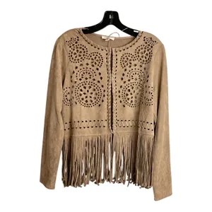 Easel Los Angeles Suede Like Jacket Boho Fringe Cutout Embellished Tan‎ thumbnail 3