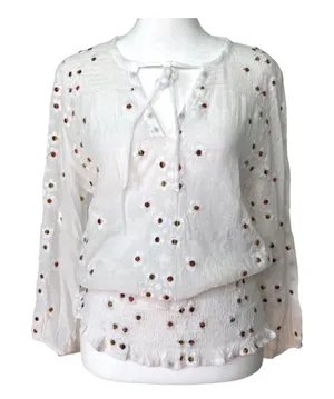 Anthropologie fig‎ & flower Smocked Semi-Sheer Peasant with rainbow Embroidered Flowers Boho thumbnail 1