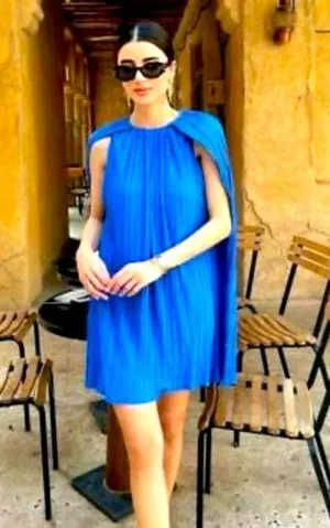 Zara Bright Blue Pleated Cape-Back Mini Dress thumbnail 1