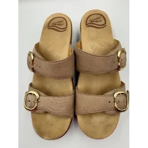 Dansko Slide Sandals Taupe Leather Double Buckle Platform Wedge Casual Size 37 thumbnail 3