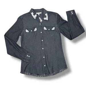 True Freedom Lace Trim Raw Edge Denim Button Up Shirt‎ Gray Black Small thumbnail 12