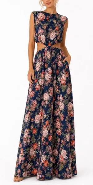 Abercrombie & Fitch Floral Fruits Cutout Maxi Dress Navy Cap Sleeve Size Medium thumbnail 1