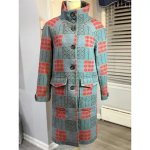 Sundance XS Wool Blend Plaid Long Coat Teal Red Boho Cottagecore Artsy Statement thumbnail 3