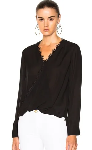 L'AGENCE Rosario Top Black 100% Silk Wrap Blouse Lace Trim V-Neck small classic thumbnail 1