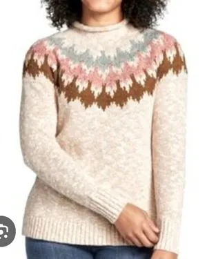 L.L. Bean Cream Fair Isle Cowlneck Sweater with Pink, Brown & Blue Yoke thumbnail 1